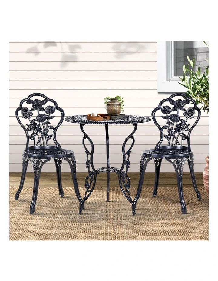 Aluminum 3 Piece Outdoor Setting Bistro Chairs And Table Set in Black