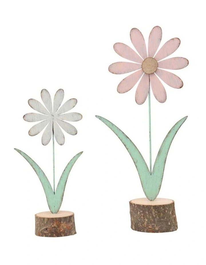 Pastel Flowers on Wood Base Figurines 2 Pack in Multi