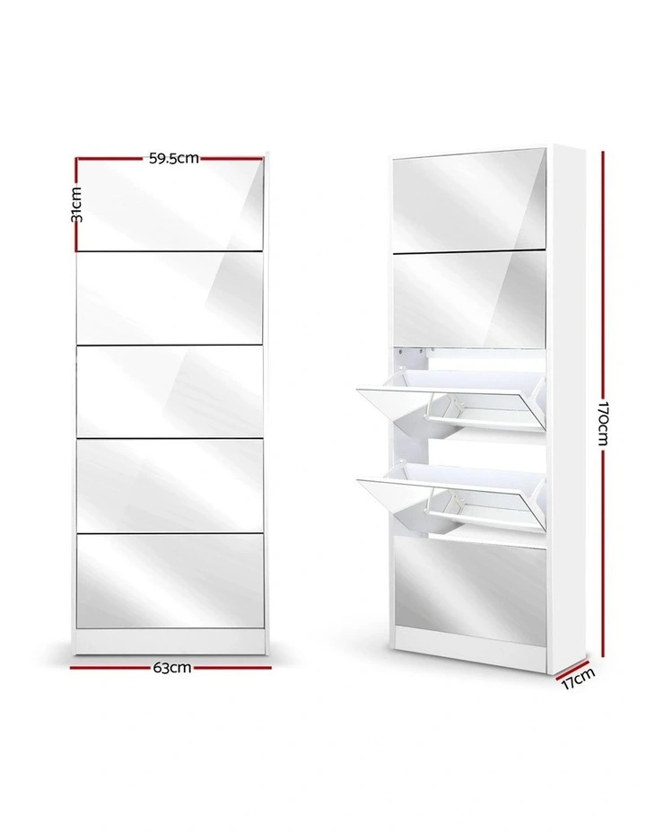 5 Drawer Mirrored Wooden Shoe Cabinet White