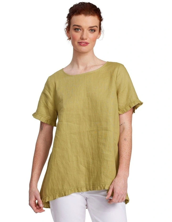Short Sleeve Frill Hem Top in Olivine