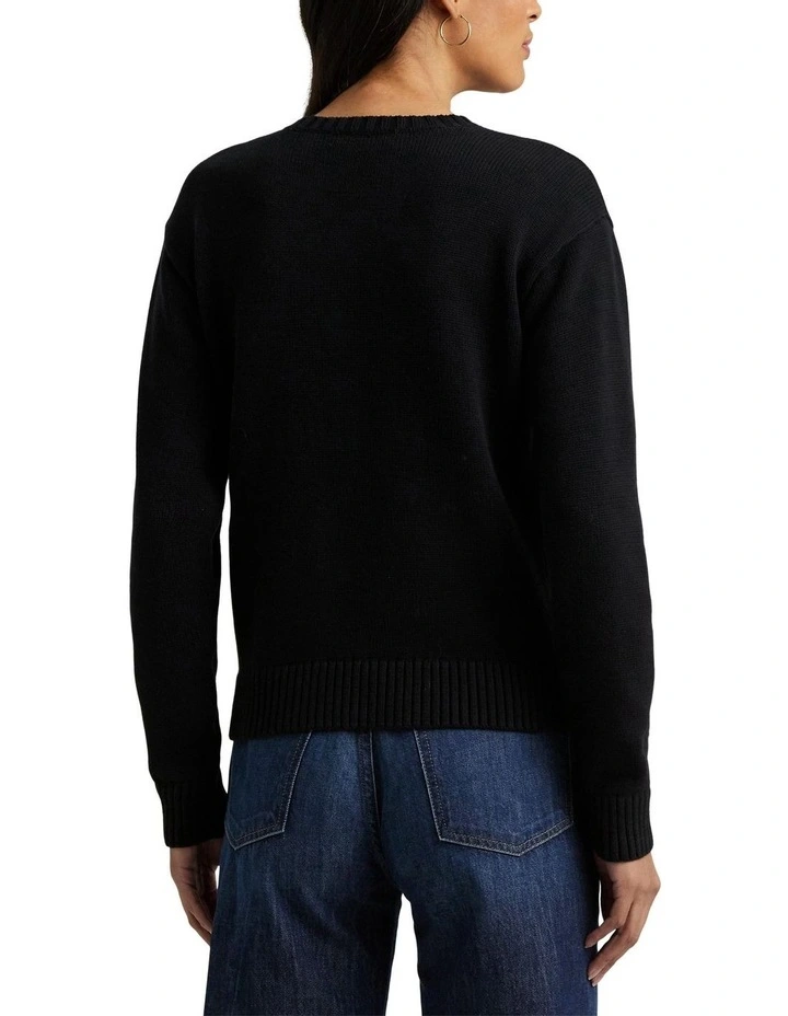 Intarsia-Knit Crest Cotton-Blend Sweater in Black
