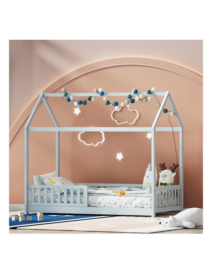 Wooden House Bed Base Frame in Grey