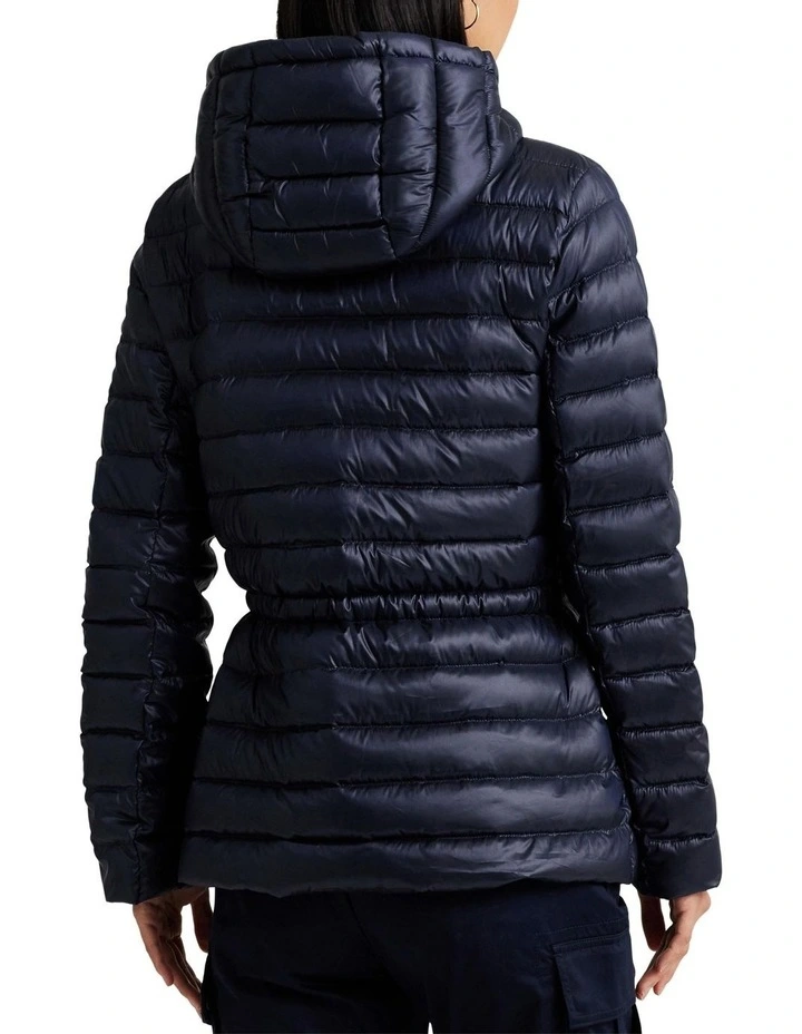 Metallic Hooded Down Coat in Navy