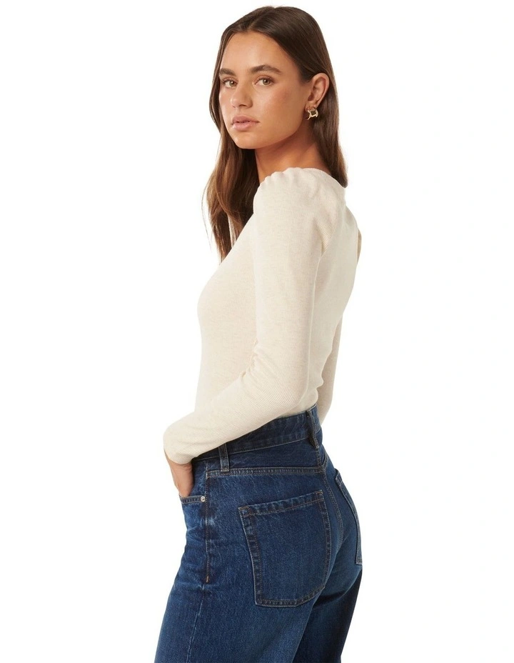 Vina Ribbed Puff Sleeves Top in Natural