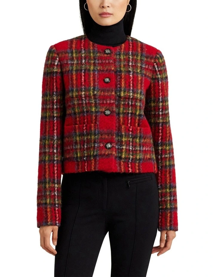 Plaid Mohair Cropped Jacket in Red