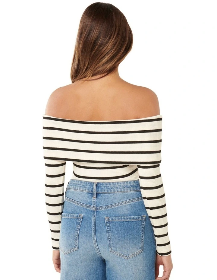 Louise Ribbed Long Sleeve Bardot Top in Cream/Black Stripe