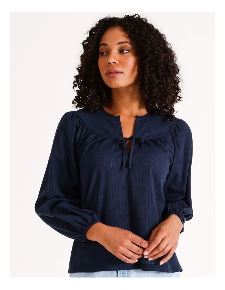 Top Stitched Yoke Long Sleeve Blouse in Navy