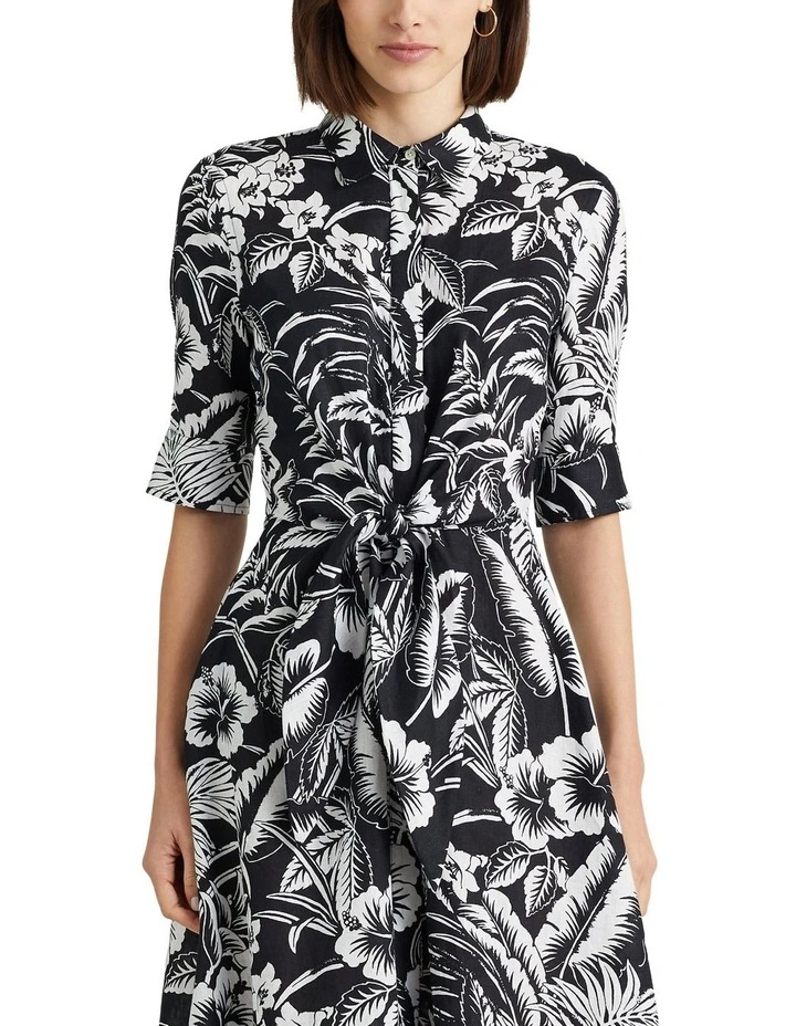 Floral Tie-Front Linen Shirtdress in Black