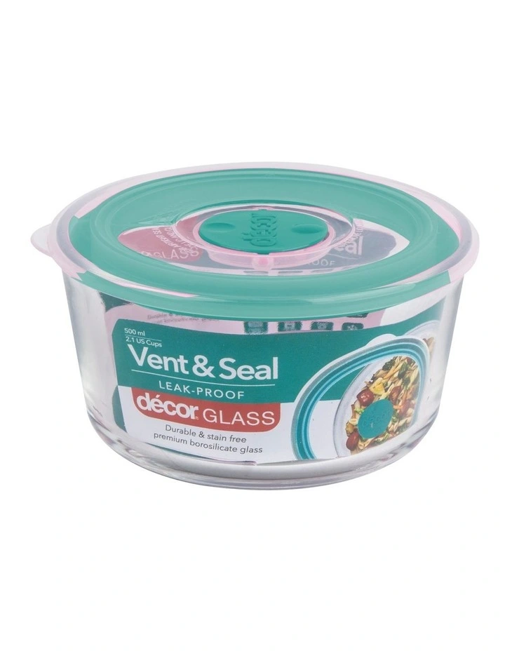 Vent And Seal Round Glass Food Storage 500ml in Clear/Teal