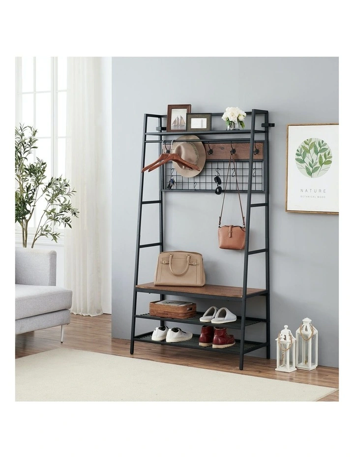 5-In-1 Hall Tree with Storage Bench & Hooks Brown