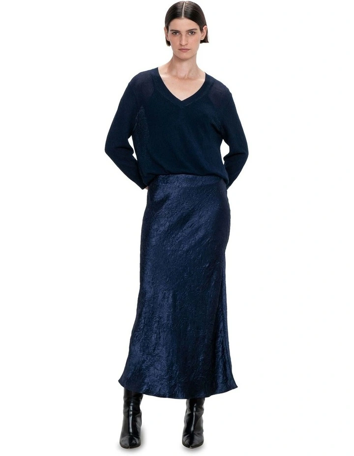 Crushed Satin Bias Skirt in French Navy