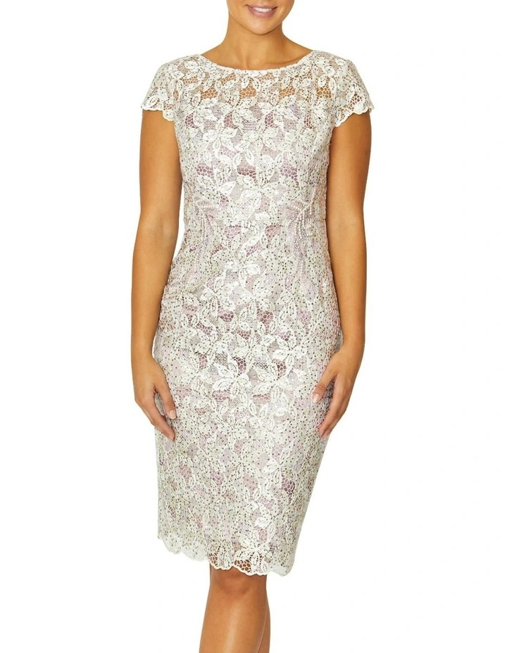 Venetia Sequin Lace Dress in Pearl