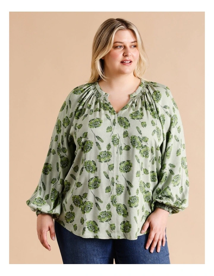 Long Sleeve Shirred Neck Top In Khaki Tonal Floral