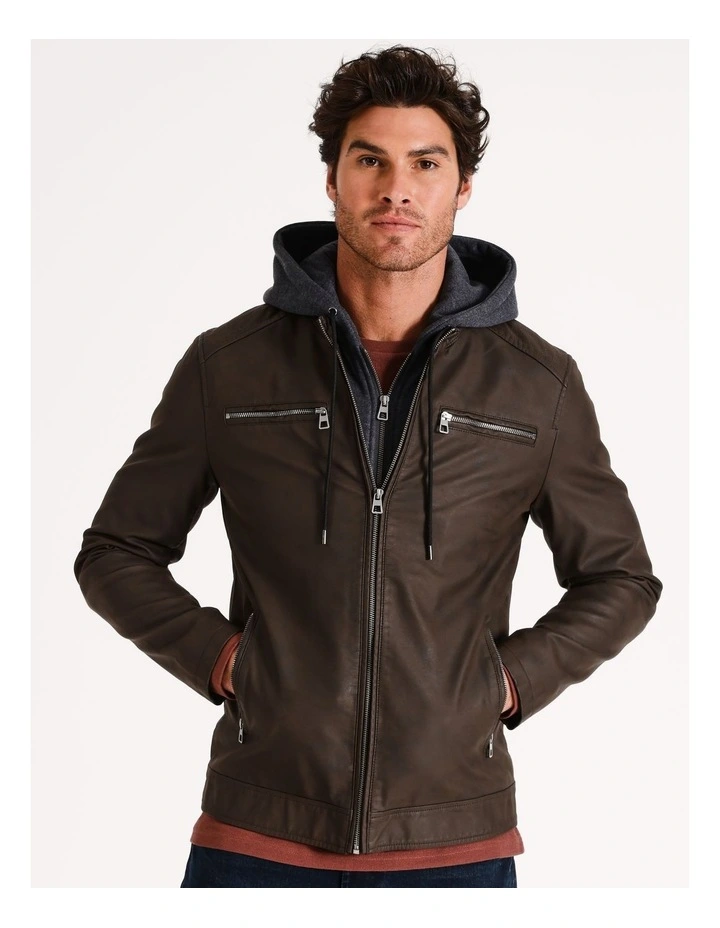 Portsea PU Hooded Jacket in Brown