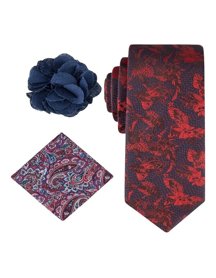 Tie, Pocket Square & Lapel Pin Set in Red