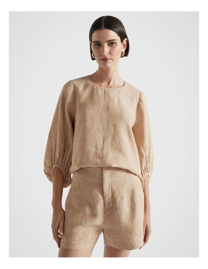 Core Linen Balloon Sleeve Top in Champagne Beige Crossdye