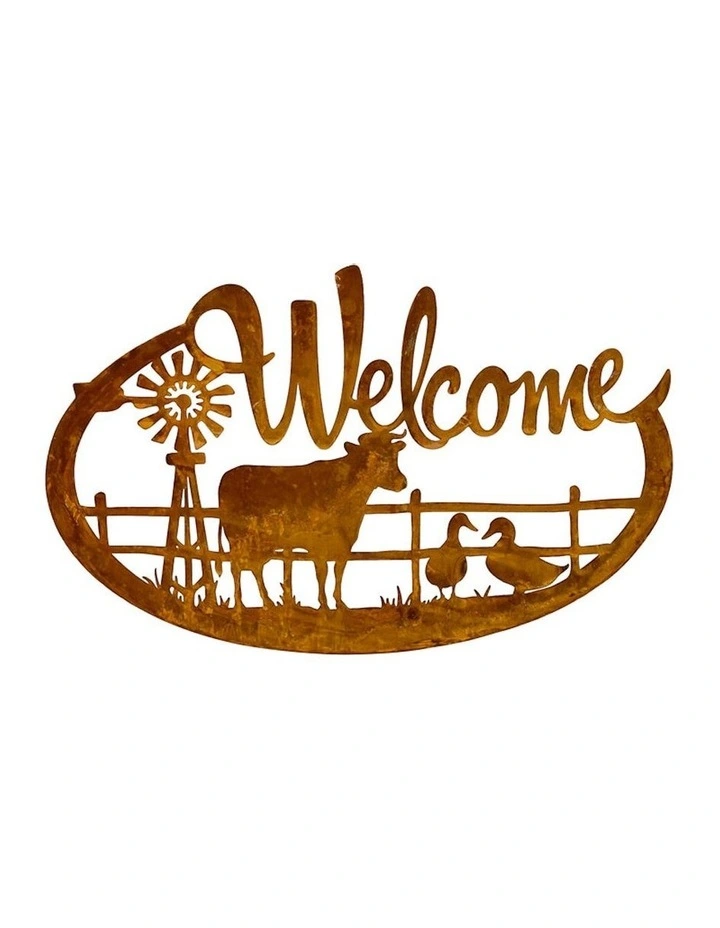 Farm Welcome Sign Outdoor Wall Art in Rust