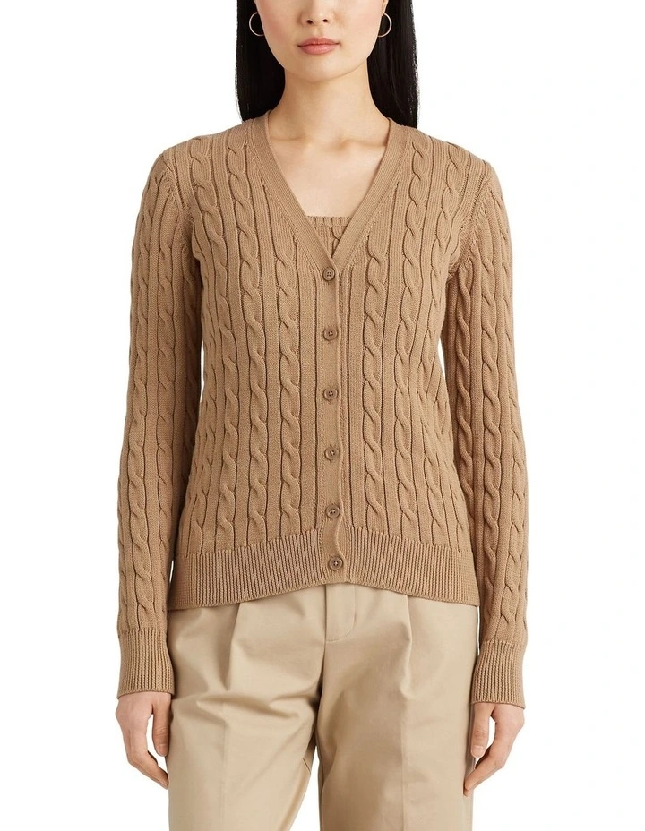 Cotton Cable-Knit Cardigan in Brown