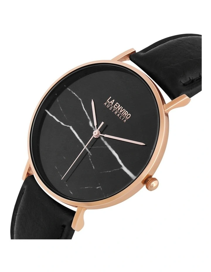 Pineapple Leather Rose Gold Black Strap Marble 40 mm Watch