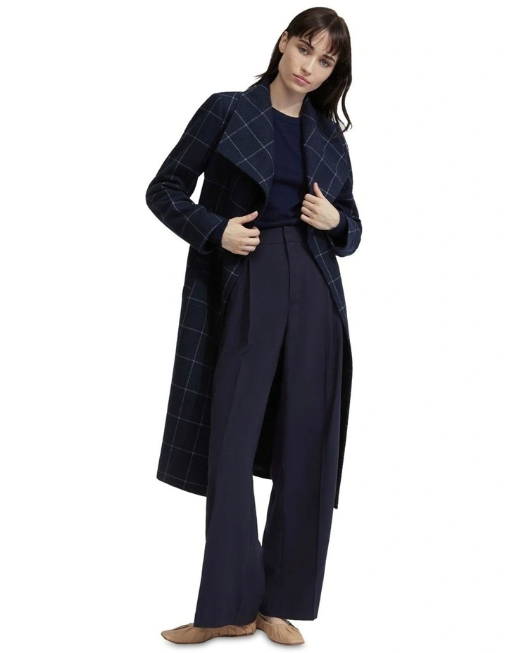 Gia Wool Rich Tie Waist Check Coat in Navy
