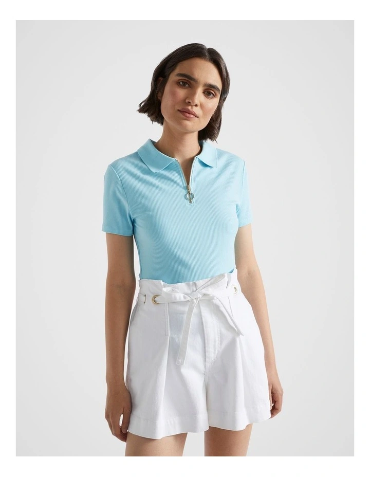 Collared Zip Thru Top in Shimmer Blue