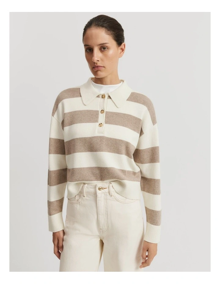Organically Grown Cotton Blend Stripe Crop Polo Knit in Fawn Stripe