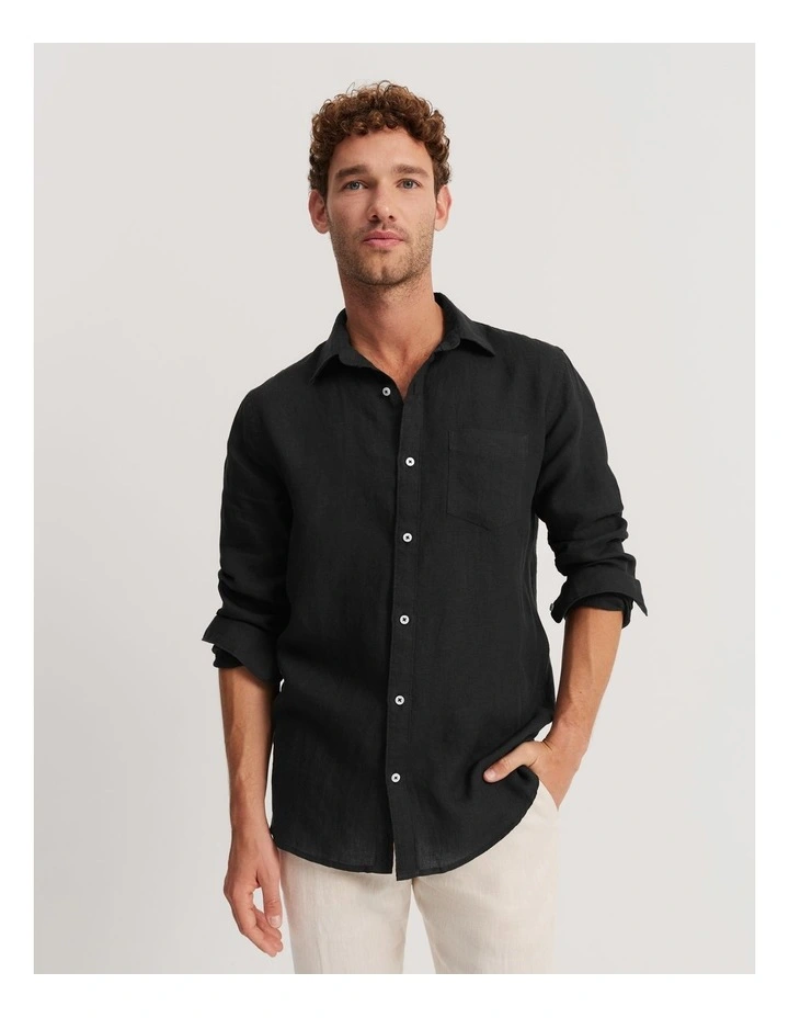 Regular Fit Organically Grown Linen Shirt in Black