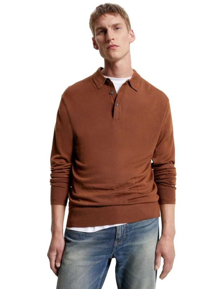 Fine Gauge Merino Long Sleeve Polo Shirt in Countryside Khaki