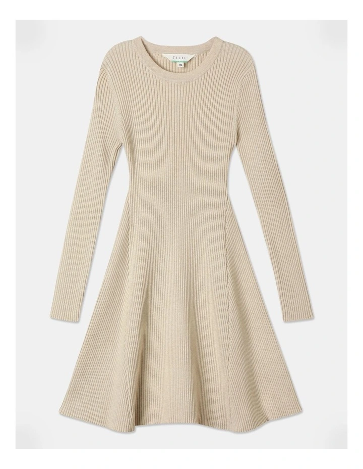 Long Sleeve Knitted Skater Dress in Oat Marle
