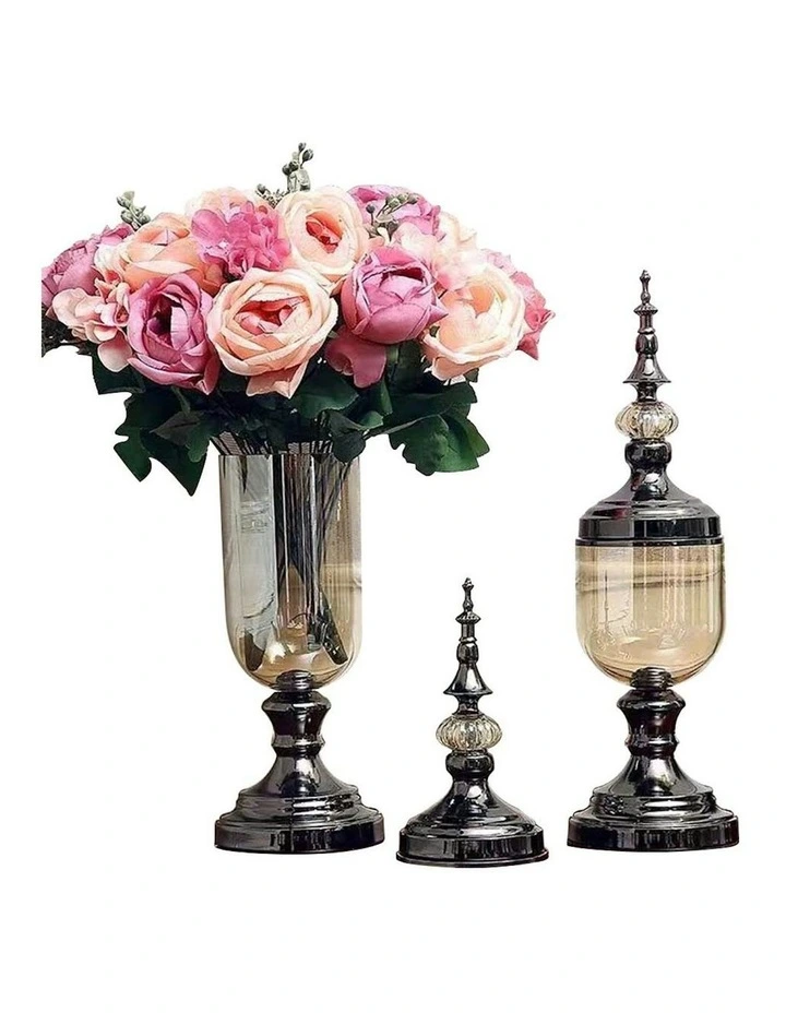 Clear Glass Flower Vase With Lid And Pink Flower Filler Set x2 in Multi