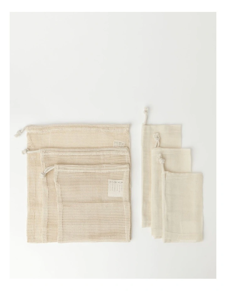 Set of 6 Assorted Natural Muslin and Mesh Produce Bags