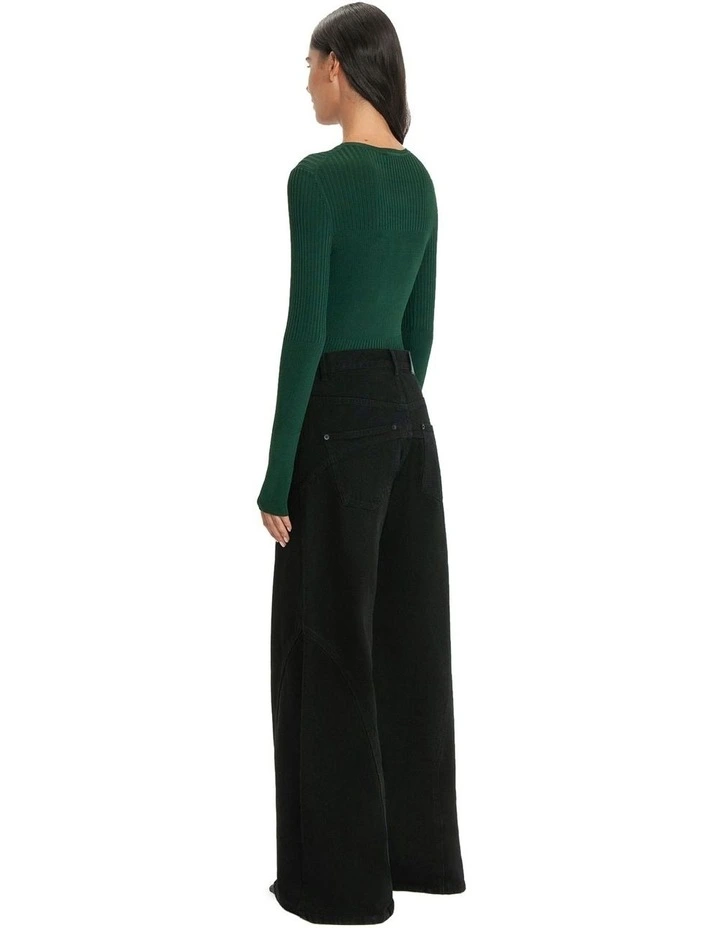 Multi Rib Round Neck Knit Jumper in Forest