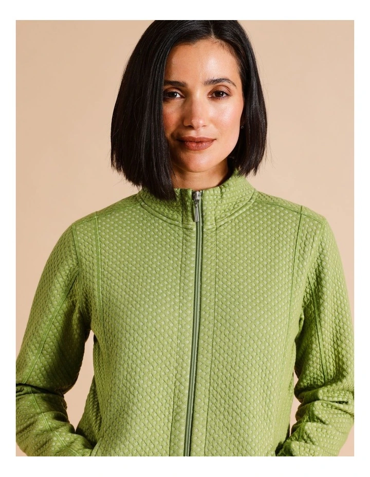 Recycled Polyester Blend Zip Thru Honeycomb Jacquard Sweat Top In Avocado