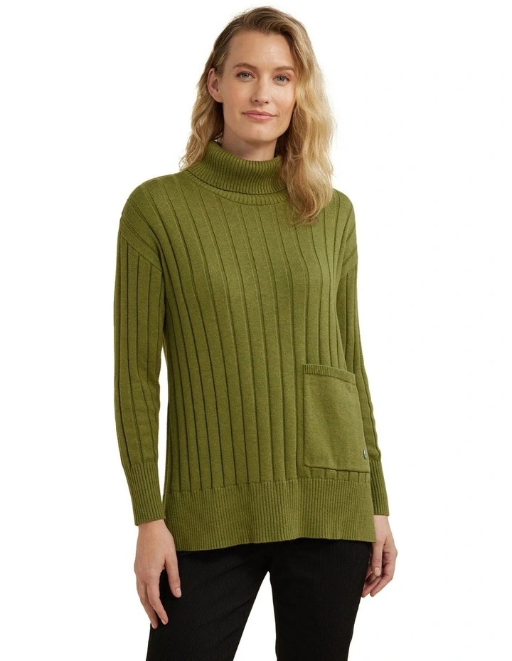 Ribbed Longline Jumper in Green