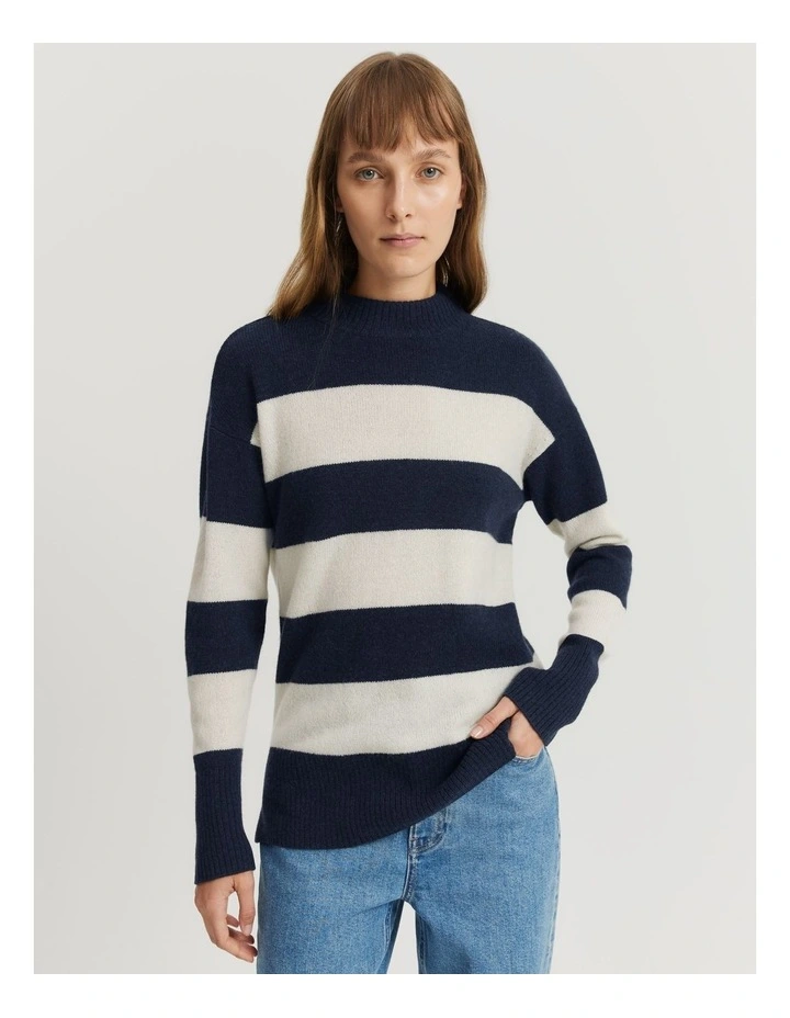 Australian Merino Wool Rib Detail Stripe Pullover in Navy Stripe