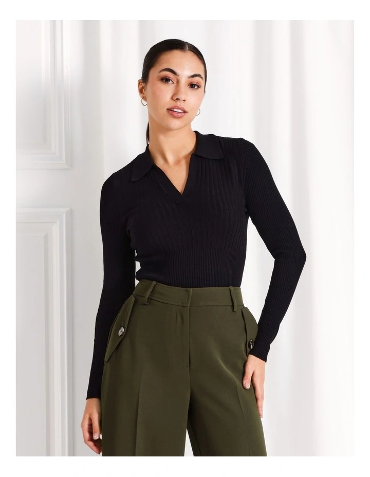 Variegated Rib V Neck Knit Polo in Black
