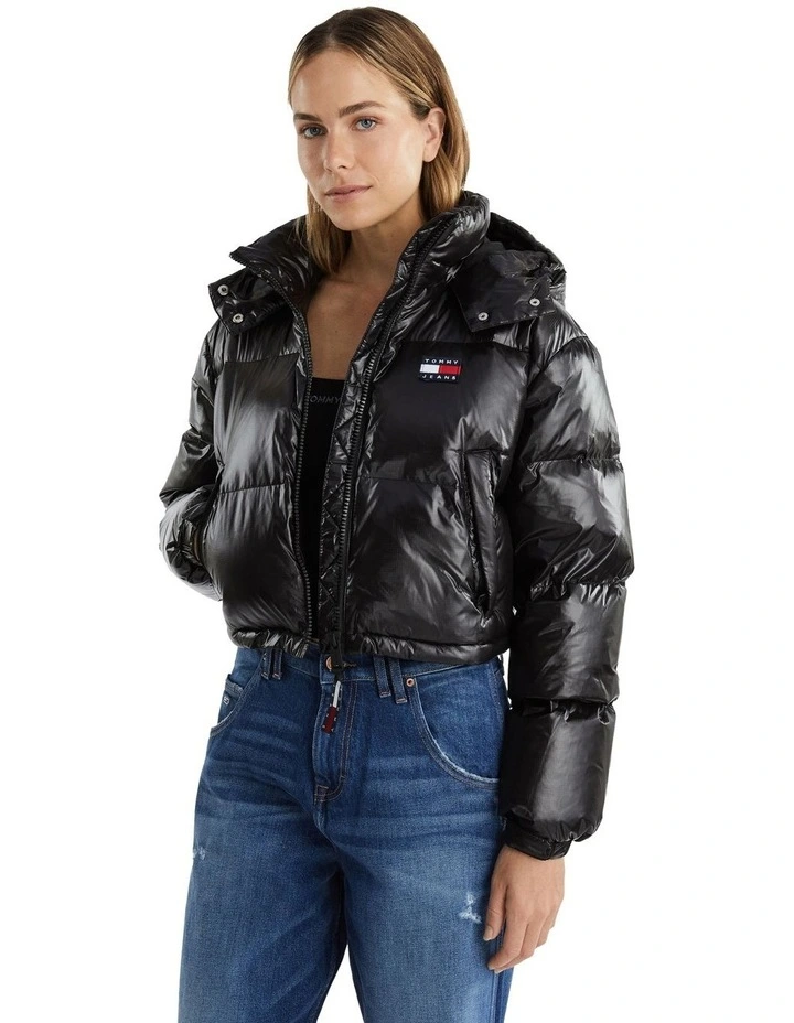 Recycled Cropped Down Alaska Puffer Jacket in Black