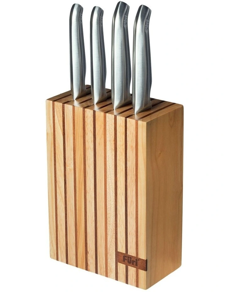 Wooden 5 Piece Knife Block Set in Natural/Stainless Steel