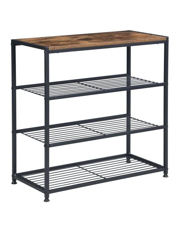 4-Tier Tower Metal & Faux Antique Wood Shoe Rack in Brown/Black
