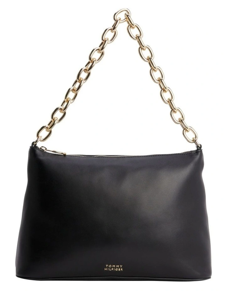 Chain Strap Leather Shoulder Bag in Black