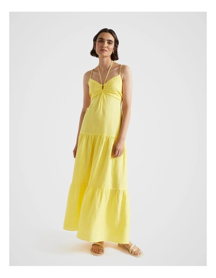 Linen Tiered Halter Maxi Dress in Lemon Drop