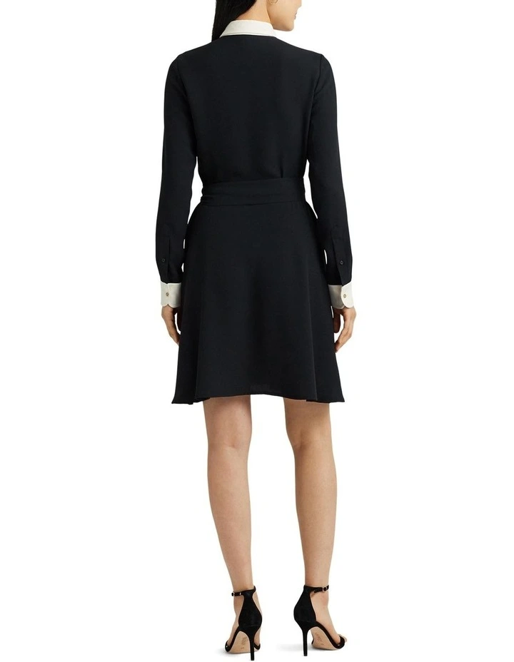 Two-Tone Belted Georgette Shirtdress in Black