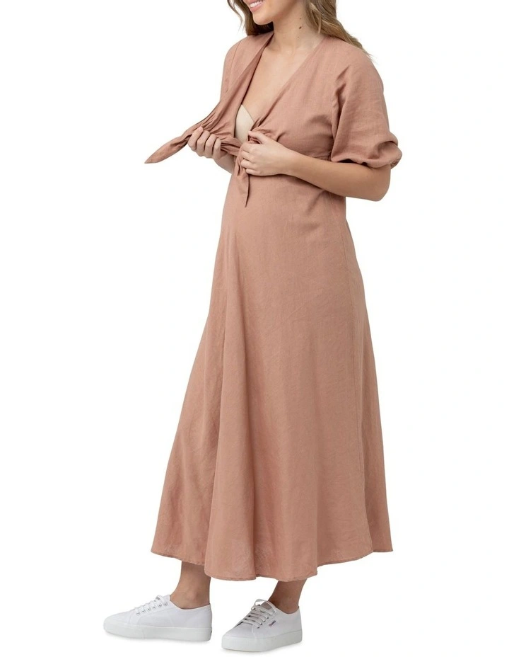 Camille Tie Front Linen Dress in Clay