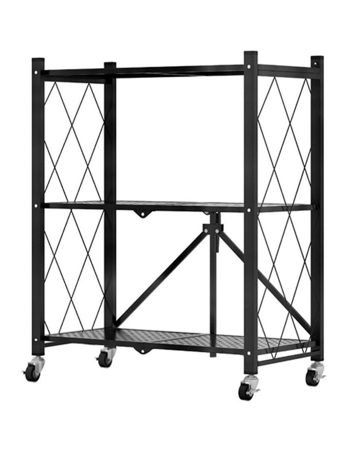 3 Tier Steel Foldable Kitchen Storage Organizer with Wheels in Black