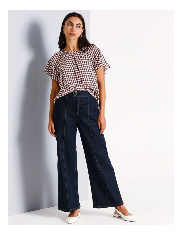 Recycled Polyester Blend Gathered Neck Flutter Sleeve Top in Assorted