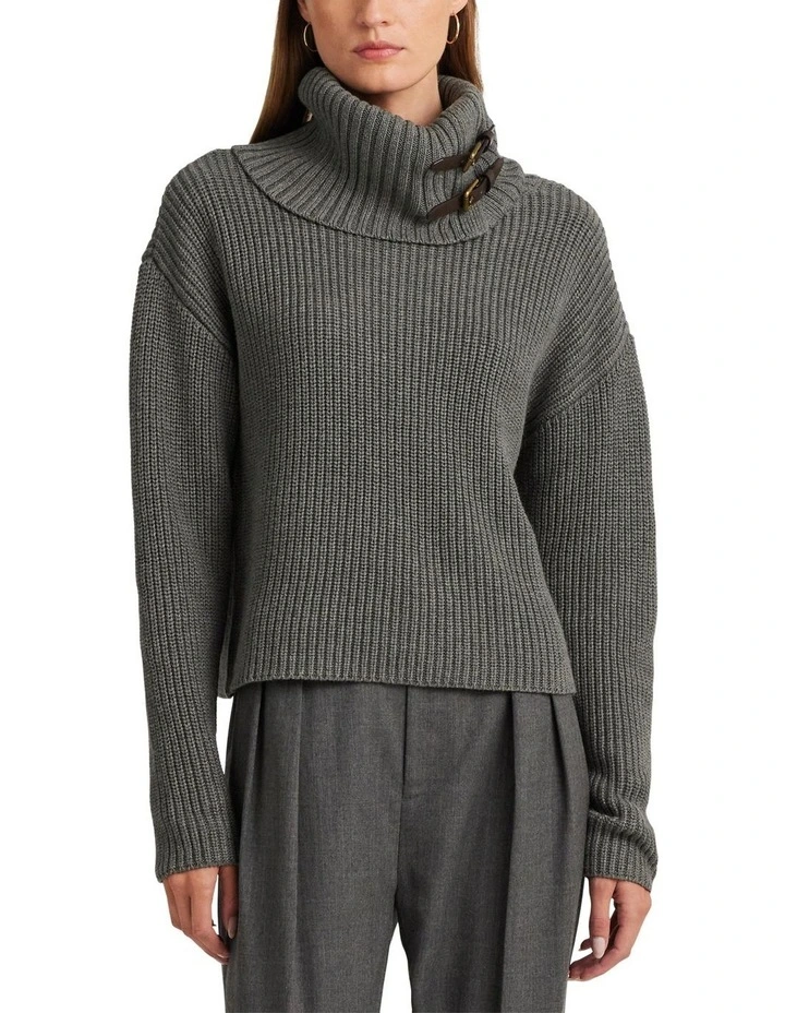 Buckle-Trim Cotton Ribbed Turtleneck Kint in Grey