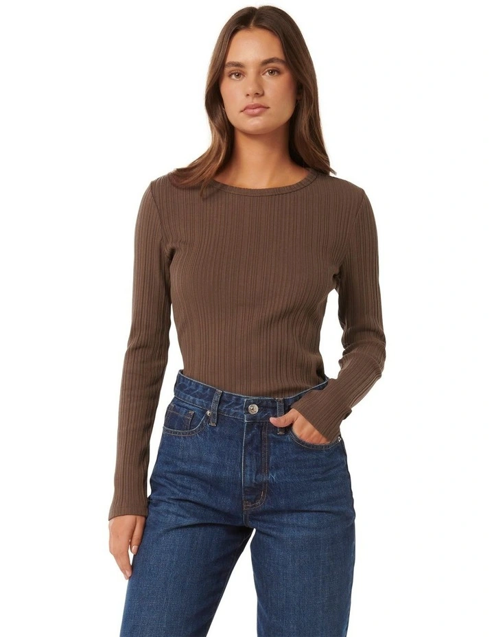 Meghan Rib Crew Neck Top in Chocolate