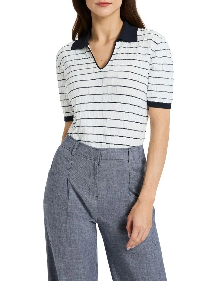 Mieah Cotton Polo Knit in White/Navy