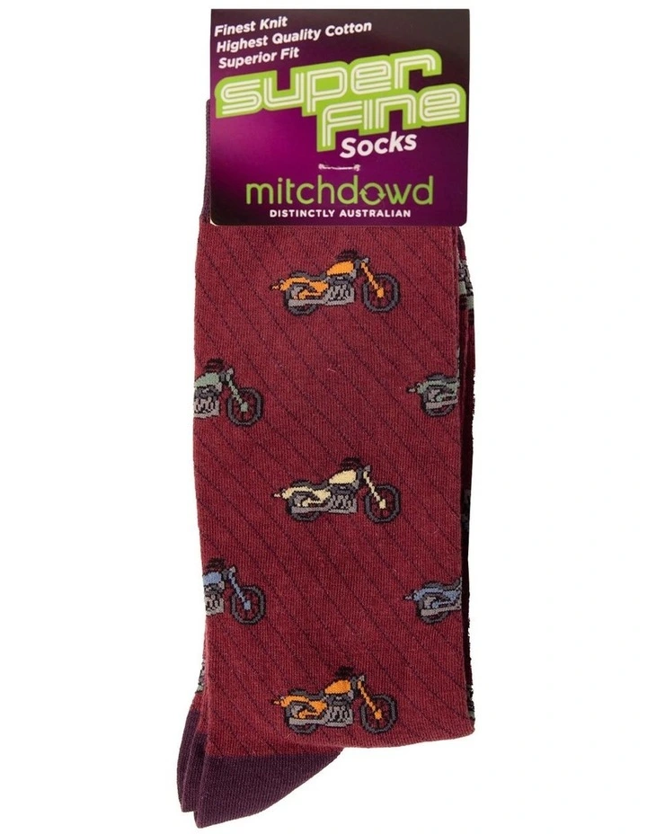 Motorbikes Super Fine Cotton Crew Socks in Burgundy