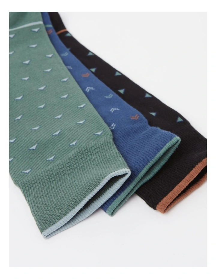 3 Pack Micro Geo Socks in French Navy/Posy Green